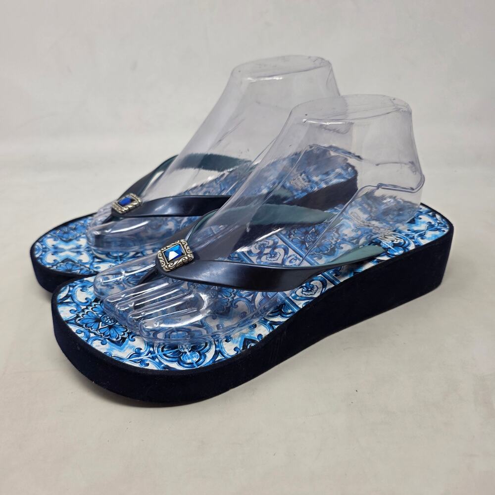 Brighton Bella Capri Tiles Ink Blue Wedge Flip Flops Womens Size 7.5